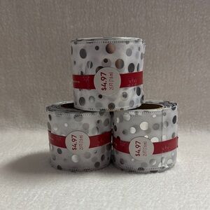 Holiday Time 3 Rolls x 25 FT White & Silver Polka Dot Wired Ribbon 75’ Total NEW